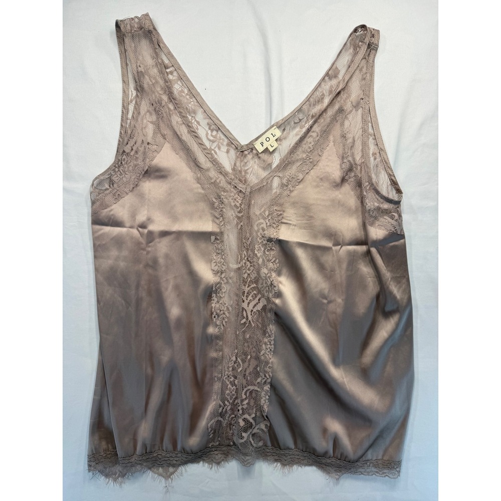 POL Clothing Women L Lace Trim Satin Camisole V-Neck Tank Top Taupe Mauve Silky